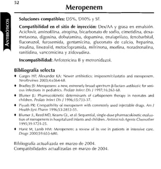 52
                                   Meropenem
     Soluciones compatibles: DS0/o, D I 0%" y SF.
     Compatibilidad en el sitio de inyección: DexlAA y grasa en emulsión.
     Aciclovir, aminofilina, atropina, bicarbonato de sodio, cimetidina, dexa-
     nietasona, digoxina, dobutamina, dopamina, enalaprilato, fenobarbital,
     fluconazol, furosemida, gentamicina, gluconato de calcio, heparina,
     insulina, linezolid, metoclopraniida, rnilrinona, morfina, noradrenalina,
     ranitidina, vancomicina y zidovudina.
     Incompatibilidad: Anfotericina B y metronidazol

Bibliografía selecta
+    Garges HP, Alexander KA: Neiver antihiotics: irnipenernlcilastatin and rneropenern.
     NeoReciews 2003;4:e364-68.
+    Bradley ]S: Meropenern: a new, extrernely broad spectrurn p-lactam antihiotic for seri-
     ous infections in pediatrics. Pediatr lniect Dis / 1997;16:263-68.
+   Blurner JL: Pharrnacokinetic deterrninunts o i carbapenern therapy in neonates and
    children. Pediatr lniect Di5 / 1996;15:733-37.
+   Piyush PR: Cornpatihility of rneropenem with cornrnonly used injectahle drugs. Am /
    Heaitli-5yrt Pharm 1996;53:2853-55.
+   BlurnerlL, Reed MD, Kearns GL, et al: Sequential, single-dose pharrnacokinetic evalu,i-
    tion oi nieropenern in hospitalized infants and children. Antimicrob Agents Chemother
    19Y5;39:172 1-25.
+   Hurst M, Larnb HM: Meropenern: a review of its use in patients in intensive care.
    D r u g 2000:59:653-680.

Bibliografía actualizada en marzo de 2004.
Compatibilidades actualizadas en marzo de 2004
 