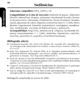 Soluciones compatibles: D5%, D I 0 y
                                      %             SF.
    Compatibilidad e n el sitio de inyección: Emulsión de grasas, soluciones
    DexIAA. Aminofilina, atropina, aztreonarn, bicarbonato de sodio, brornu-
    r o d e pancuronio, cefuroxima, clindarnicina, cloruro d e potasio, dexame-
    tasona, gluconato de calcio, heparina (concentraciones 5 1 Ulml), hierro
    dextrán, isoproterenol, linezolid, rnetronidazol, neostigmina, noradrena-
    lina, rernifentanilo, succinato d e hidrocortisona y vitamina K,.
    Incompatibilidad: Arnpicilina, anfotericina B, cefepirne, furosemida, he-
    parina (concentraciones > 1 Ulml), meticilina, mezlocilina, nafcilina,
    oxacilina, penicilina C, propofol y ticarcilina/clavulanato.

Bibliografía selecta
+   Contopoulos-loannidis DG, Giotis ND, Baliatsa DV, loannidis JPA: Extended-inter-
    val aminoglycoside administration for children: a meta-analysis. Pediatrics 2004;l 14:
    el1 [-ella.
+   Stolk LML, Degraeuwe PLJ, Nieman FHM, et al: Population pharmacokinetics and
    relationihip between demographic and clinical variables and pharmacokinetics of
    gentamicin in neonates. Ther Drug Mor~it   2002;24:527-3 1.
+   Avent ML, Kinney JS, lstre GR, Whitfield ]M: Gentamicin and tobramycin in neonates:
    comparison of a new extended dosing regimen with a traditional multiple daily dosing
    regimen. Arn J Perir1atol2002;8:413-19.
+   GiaprosVI, Andronikou S CholevasVI, PapadopoulouZL: Renal function in premature
                             ,
    infants during aminoglycoside therapy. Pediatr Nephrol1995;9:163.
+   Daly IS, Dodge RA, Glew RH, et al: Effect of time and temperature on inactivation of
    aminoglycosides by ampicillin at neonatal dosages. 1 Perinatol 1997;17:42-45.

Bibliografía actualizada en marzo de 2005
 