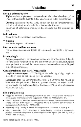 Dosis y administración
  Tópica: Aplicar ungüento o crema en el área afectada cada 6 horas. Con-
  tinuar el tratamiento durante 3 días una vez que ceden los síntomas.
  VO: Suspensión con 100 000 Ulnil, aplicar con hisopo 1 ni1 (prematuros)
  o 2 ml (a término) a cada lado de la boca cada 6 horas.
  Continuar el tratamiento durante 3 días después que los síntomas ce-
                                                                                         I   3
  den.
indicaciones
  Tratamiento de candidiasis niucocutáneas.
Vigilancia
  Evaluar la respuesta al fármaco.
Efectos adversos/Precauciones
  Posible erupción cutánea debido al vehículo del ungüento o de la cre-
  ma.
Farmacología
  Antifúngico poliénico de estructura similar a la de anfotericina B. Puede
  ser fungicida o fungistático. Se une a la membrana de las células fúngicas
  y rompe la estructura celular. No se absorbe bien en el conducto GI, piel
  O membranas mucosas.

Consideraciones especiales/Preparación
  Ungüentolcrema tópica: 100 000 Ulg en tubos de 15 g y 30 g. Ungüento
  disuelto en base de polietileno y gel de vaselina.
  Suspensión oral: 100 000 Ulml en frascos de 5 ml, 60 ml y 480 ml. Agitar
  bien antes de aplicar en la boca. Al parecer el efecto es mejor cuando
  no se mezcla con la fórmula láctea. Contiene < 1% de alcohol, sacarina
  y sacarosa al 50%

Bibliografía selecta
  Hoppe IE: Treatment of oropharyngeal candidiasis and candidal diaper dermatitis in
  neonates and infants: review and reappraisal. Ped Irif Dis / 1997;16:885-94.
  Faix RG, Kovarik CM, Shaw TR, Johnson RV: Mucocutaneous and invasive candidiasis
  among very low birth weight (<1500 granis) iníants in intensive care nurseries: A
  prospective study. Pediatrics 1989;83:101.
  Roberts RJ: Drug Therapy in Irifanü. Pliiladelphia: WB Saunders Co, 1984, p 81.
  Munz D, Powell KR, Pai CH: Treatment of candidal diaper dermatitis: A double-blind
  placebo-controlled comparison of topical nystatin with topical plus oral nystatin. /
  Pediatr 1982;101:1022.

Texto actualizado en marzo de 1998
 