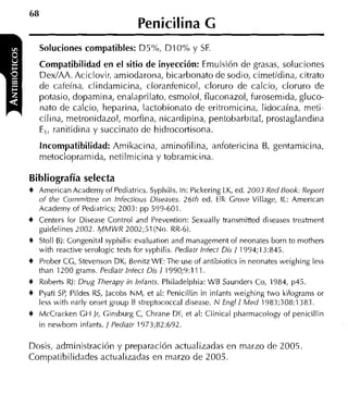Penicilina G
    Soluciones compatibles: D5%, DIO% y SF.
    Compatibilidad en el sitio de inyección: Emulsión de grasas, soluciones
    DedAA. Aciclovir, amiodarona, bicarbonato de sodio, cimetidina, citrato
    de cafeína, clindamicina, cloranfenicol, cloruro de calcio, cloruro de
    potasio, dopamina, enalaprilato, esmolol, fluconazol, furosemida, gluco-
    nato de calcio, heparina, lactobionato de eritromicina, lidocaína, meti-
    cilina, metronidazol, morfina, nicardipina, pentobarbital, prostaglandina
    E,, ranitidina y succinato de hidrocortisona.
    Incompatibilidad: Amikacina, aminofilina, anfotericina €3, gentamicina,
    metoclopramida, netilmicina y tobramicina.

Bibliografía selecta
+   Arnerican Acaderny of Pediatrics. Syphilis. In: Pickering LK, ed. 2003 Red Book: Report
    of the Cornniittee on lniectious Diseases. 26lh ed. Elk Grovp Village, IL: Arnerican
    Acaderny of Pediatrics; 2003: pp 599-601.
+   Centers for Disease Control and Prevention: Sexually transrnitted diseases treatrnent
    guidelines 2002. MMWR 2002;51 (No. RR-6).
+   Stoll BJ: Congenital syphilis: evaluation and rnanagement of neonates born to niothers
    with reactive serologic tests for syphilis. Pediatr Iniect Dis / 1994;13:845.
+   Prober CG, Stevenson DK, Brnitz WE: The use of antibiotics in neonates weighing less
    than 1200 grarns. Pediatr lniect Dis / 1990;9:111.
+   Roberts RJ: Drug Therapy in lnfants. Philadelphia: WB Sauiiders Co, 1984, p45.
+   Pyati S , Pildes RS, Jacobs NM, et al: Penicillin in infants weighing two kilograrns or
           P
    less with early onset group B streptococcal disease. N Engl/ M e d 1983;308:1383.
+   McCracken GH Jr, Ginsburg C, Chrane DF, et al: Clinical pharrnacology of penicillin
    in newborn infants. / Pediatr 1973;82:692.

Dosis, administración y preparación actualizadas en marzo de 2005.
Compatibilidades actualizadas en marzo de 2005.
 