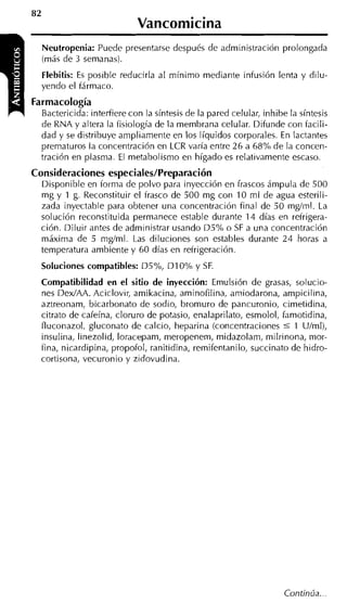 82
                            Vancomicina
     Neutropenia: Puede presentarse después de administración prolongada
     (más de 3 semanas).
     Flebitis: E posible reducirla al mínimo mediante infusión lenta y dilu-
                s
     yendo el fármaco.
Farmacología
  Bactericida: interfiere con la síntesis de la pared celular, inhibe la síntesis
  de RNA y altera la fisiología de la membrana celular. Difunde con facili-
  dad y se distribuye ampliamente en los líquidos corporales. En lactantes
  prematuros la concentración en LCR varía entre 26 a 68% de la concen-
  tración en plasma. El metabolismo en hígado es relativamente escaso.
Consideraciones especiales/Preparación
  Disponible en forma de polvo para inyección en frascos ámpula de 500
  mg y 1 g. Reconstituir el frasco de 500 mg con 10 ml de agua esterili-
  zada inyectable para obtener una concentración final de 50 mgíinl. La
  solución reconstituida permanece estable durante 14 días en refrigera-
  ción. Diluir antes de administrar usando D5% o SF a una concentraciór;
  máxima de 5 mgíml. Las diluciones son estables durante 2 4 horas a
  temperatura ambiente y 60 días en refrigeración.
     Soluciones compatibles: Ds0h, D I 0% y SE
  Compatibilidad en el sitio de inyección: Emulsión de grasas, solucio-
  nes DexIAA. Aciclovir, amikacina, aminofilina, amiodarona, ampicilina,
  aztreonam, bicarbonato de sodio, bromuro de pancuronio, cimetidina,
  citrato de cafeína, cloruro de potasio, enalaprilato, esmolol, famotidina,
  fluconazol, gluconato de calcio, heparina (concentraciones 5 1 U/ml),
  insulina, linezolid, loracepam, meropenem, midazolam, milrinona, mor-
  fina, nicardipina, propofol, ranitidina, remifentanilo, succinato de hidro-
  cortisona, vecuronio y zidovudina.




                                                                    Continúa ...
 