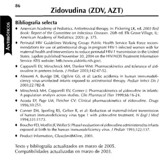 Zidovudina (ZDV, AZT)
Bibliografía selecta
t Arnerican Acaderny of Pediatrics.Antiretroviral therapy. In: Pickering LK, ed. 2003 Red
  Book: Report o f the Committee on lnfectious Diseases. 26th ed. Elk Grove Village, IL:
  Anierican Acaderny of Pediatrics; 2003: p. 375.
t Perinatal HIV Guidelines Working Group: Puhlic Health Service Task Force recorn-
  rnendations for use of antiretroviral driigs in pregnant HIV-1-infected wornen with for
  maternal health and interventions to reduce perinatal HIV-1 transrnission in the United
  States. (update published Novernber 30, 2004 on tlie HIVIAIDSTreatrnent lnforrnation
  Service ATlS website: htth:/www.aidsinfo.nih.gov).
t Capparelli EV, Mirochnick MH, Danker WM: Pharrnacokinetics and tolerance of zid-
   ovudine in preterrn infants. / Pediatr 2003; 142:47-52.
t Alirnenti A, Burdge DR, Ogilvie GS, et al: Lactic acidernia in hurnan irnrnunodefi-
  ciency virus-uninfected intants exposed to antiretroviral therapy. Pediatr lnfect Dis /
  2003;22:782-8.
t Mirochnick MH, Capparelli EV, Conner J: Pharrnacokinetics of zidovudine in infants:
  A popiilation analysis across studies. Clin Pharmacol Ther 1999;bb:lb-24.
t Acosta EP, Page LM, Fletcher CV: Clinical pharrnacokinetics of zidov~idine.Drugs
  1996;30:251.
t Conner EM, Sperling RS, Gelher R, et al: Reduction of maternal-infant transrnission
  of hurnan irnrnunodeficiency virus type 1 with zidovudine treatrnent. N Engl 1 M e d
  1994;331:1173.
t Boucher FD, ModlinJF,WellerS: Phasel evaluationofzidovudineadrninistered to infants
  exposed at birth to the hurnan inirniinodeficiency virus. / Pediatr 1993;122:137.
t Product Inforrnation, GlaxoSrnithKline, 2003

Texto y bibliografía actualizados en marzo de 2005.
Compatibilidades actualizadas en marzo de 2003.
 