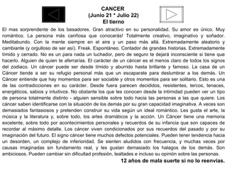 CANCER  (Junio 21 * Julio 22) El tierno El mas sorprendente de los besadores. Gran atractivo en su personalidad. Su amor es único. Muy romántico. La persona más cariñosa que conocerás! Totalmente creativo, imaginativo y soñador. Meditabundo. Con la mente siempre en el aire y un paso más allá. Extremadamente aleatorio y cambiante (y orgulloso de ser así). Freak. Espontáneo. Contador de grandes historias. Extremadamente tímido y cerrado. No es un para nada un luchador, pero de seguro te dejará inconsciente si tiene que hacerlo. Alguien de quien te aferrarías. El carácter de un cáncer es el menos claro de todos los signos del zodiaco. Un cáncer puede ser desde tímido y aburrido hasta brillante y famoso. La casa de un Cáncer tiende a ser su refugio personal más que un escaparate para deslumbrar a los demás. Un Cáncer entiende que hay momentos para ser sociable y otros momentos para ser solitario. Esto es una de las contradicciones en su carácter. Desde fuera parecen decididos, resistentes, tercos, tenaces, energéticos, sabios y intuitivos. No obstante los que les conocen desde la intimidad pueden ver un tipo de persona totalmente distinto - alguien sensible sobre todo hacia las personas a las que quiere. Los cáncer saben identificarse con la situación de los demás por su gran capacidad imaginativa. A veces son demasiados fantasiosos y pretenden construir su vida según un ideal romántico. Les gusta el arte, la música y la literatura y, sobre todo, los artes dramáticos y la acción. Un Cáncer tiene una memoria excelente, sobre todo por acontecimientos personales y recuerdos de su infancia que son capaces de recordar al máximo detalle. Los cáncer viven condicionados por sus recuerdos del pasado y por su imaginación del futuro. El signo cáncer tiene muchos defectos potenciales. Pueden tener tendencia hacia un desorden, un complejo de inferioridad. Se sienten aludidos con frecuencia, y muchas veces por causas imaginadas sin fundamento real, y les gustan demasiado los halagos de los demás. Son ambiciosos. Pueden cambiar sin dificultad profesión, lealtades e incluso su opinión sobre las personas. 12 años de mala suerte si no lo reenvías. 