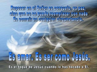 Reposar en el Señor es consuelo, es paz, algo que no se puede reemplazar con nada.  Es sonreír en cualquier circunstancia. Es amar. Es ser como Jesús. Es el toque de Jesús cuando lo has tocado a Él. 