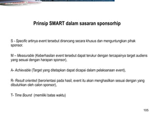 105
S - Specific artinya event tersebut dirancang secara khusus dan menguntungkan pihak
sponsor.
M – Measurable (Keberhasilan event tersebut dapat terukur dengan tercapainya target audiens
yang sesuai dengan harapan sponsor),
A- Achievable (Target yang ditetapkan dapat dicapai dalam pelaksanaan event),
R- Result oriented (berorientasi pada hasil, event itu akan menghasilkan sesuai dengan yang
dibutuhkan oleh calon sponsor),
T- Time Bound (memiliki batas waktu)
Prinsip SMART dalam sasaran sponsorhip
 