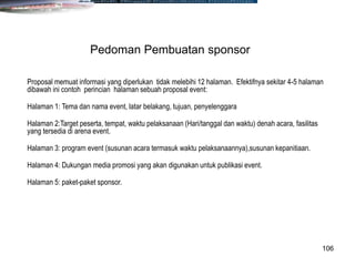 106
Proposal memuat informasi yang diperlukan tidak melebihi 12 halaman. Efektifnya sekitar 4-5 halaman
dibawah ini contoh perincian halaman sebuah proposal event:
Halaman 1: Tema dan nama event, latar belakang, tujuan, penyelenggara
Halaman 2:Target peserta, tempat, waktu pelaksanaan (Hari/tanggal dan waktu) denah acara, fasilitas
yang tersedia di arena event.
Halaman 3: program event (susunan acara termasuk waktu pelaksanaannya),susunan kepanitiaan.
Halaman 4: Dukungan media promosi yang akan digunakan untuk publikasi event.
Halaman 5: paket-paket sponsor.
Pedoman Pembuatan sponsor
 