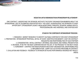 114
KEGIATAN UNTUK MENINGKATKAN SPONSORSHIP RELATIONSHIP :
ONE CONTRACT, UNDERSTAND THE SPONSOR, MOTIVATE THE EVENT ORGANISATION MEMBERS ABOUT THE
SPONSORSHIP, USE OF CELEBRITIES ASSOCIATED WITH THE EVENT, ACKNOWLEDGE THE SPONSOR AT EVERY
APPORTUNITY, SPONSORSHIP LAUNCH, MEDIA MONITORING, PRINCIPAL SPONSOR, NAMING RIGHTS,
PROFESSIONALISM, AND UNDERSELL AND OVER DELIVER.
STAGE IN THE CORPORATE SPONSORSHIP PROCESS :
1. RESEARCH : MARKET RESEARCH TO IDENTIFY SUITABLE CORPORATE FOR EVENT SPONSORSHIP
2. PREPARATION : SPONSORSHIP PROPOSAL, DETAIL OF EVENT, IDENTIFICATION BENEFIT, COST OR CONTRACT
REQUESTED AND RESPONSIBILITIES OF EACH PARTNER
3. CONSIDERATION : INITIAL CONTRACT, INFORMAL DISCUSSION, AND FORMAL PRESENTATION
4. DECISION : IF NO TRY THE NEST CORPORATION ON THE LIST, IF YES PROCEED TO THE NEXT STAGE
5. AGREEMENT : CONTRACT BETWEEN SPONSOR AND EVENT ORGANISATION. (RESPONSIBILITIES)
6. IMPLEMENTATION : CARRY OUT ACTIVITIES PRESCRIBE IN CONTRACT
7. EVALUATION AND FEEDBACK : FEEDBACK TO SPONSOR DETAILING PERFORMANCE INAGREED KEY RESULT
AREAS
 