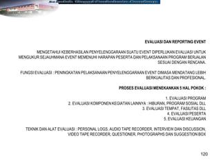 120
EVALUASI DAN REPORTING EVENT
MENGETAHUI KEBERHASILAN PENYELENGGARAAN SUATU EVENT DIPERLUKAN EVALUASI UNTUK
MENGUKUR SEJAUHMANA EVENT MEMENUHI HARAPAN PESERTA DAN PELAKSANAAN PROGRAM BERJALAN
SESUAI DENGAN RENCANA.
FUNGSI EVALUASI : PENINGKATAN PELAKSANAAN PENYELENGGARAAN EVENT DIMASA MENDATANG LEBIH
BERKUALITAS DAN PROFESIONAL.
PROSES EVALUASI MENEKANKAN 5 HAL POKOK :
1. EVALUASI PROGRAM
2. EVALUASI KOMPONEN KEGIATAN LAINNYA : HIBURAN, PROGRAM SOSIAL DLL
3. EVALUASI TEMPAT, FASILITAS DLL
4. EVALUASI PESERTA
5. EVALUASI KEUANGAN
TEKNIK DAN ALAT EVALUASI : PERSONAL LOGS, AUDIO TAPE RECORDER, INTERVIEW DAN DISCUSSION,
VIDEO TAPE RECORDER, QUESTIONER, PHOTOGRAPHS DAN SUGGESTION BOX
 