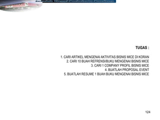 124
TUGAS :
1. CARI ARTIKEL MENGENAI AKTIVITAS BISNIS MICE DI KORAN
2. CARI 10 BUAH REFRENSI/BUKU MENGENAI BISNIS MICE
3. CARI 1 COMPANY PROFIL BISNIS MICE
4. BUATLAH PROPOSAL EVENT
5. BUATLAH RESUME 1 BUAH BUKU MENGENAI BISNIS MICE
 