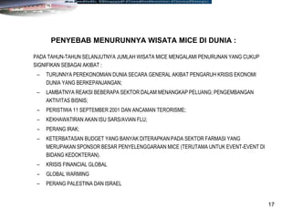 17
PADA TAHUN-TAHUN SELANJUTNYA JUMLAH WISATA MICE MENGALAMI PENURUNAN YANG CUKUP
SIGNIFIKAN SEBAGAI AKIBAT :
– TURUNNYA PEREKONOMIAN DUNIA SECARA GENERAL AKIBAT PENGARUH KRISIS EKONOMI
DUNIA YANG BERKEPANJANGAN;
– LAMBATNYA REAKSI BEBERAPA SEKTOR DALAM MENANGKAP PELUANG; PENGEMBANGAN
AKTIVITAS BISNIS;
– PERISTIWA 11 SEPTEMBER 2001 DAN ANCAMAN TERORISME;
– KEKHAWATIRAN AKAN ISU SARS/AVIAN FLU;
– PERANG IRAK;
– KETERBATASAN BUDGET YANG BANYAK DITERAPKAN PADA SEKTOR FARMASI YANG
MERUPAKAN SPONSOR BESAR PENYELENGGARAAN MICE (TERUTAMA UNTUK EVENT-EVENT DI
BIDANG KEDOKTERAN).
– KRISIS FINANCIAL GLOBAL
– GLOBAL WARMING
– PERANG PALESTINA DAN ISRAEL
PENYEBAB MENURUNNYA WISATA MICE DI DUNIA :
 