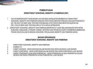 24
PEMBENTUKAN
DIREKTORAT KONVENSI, INSENTIF & PAMERAN (KIP)
1. UNTUK MEMPERCEPAT PENCAPAIAN VISI DAN MISI DEPBUDPAR MEMBENTUK DIREKTORAT
KONVENSI, INSENTIF DAN PAMERAN DENGAN PERATURAN MENTERI KEBUDAYAAN DAN PARIWISATA
NO. PM.30/OT.001/MKP-2006 TENTANG PERUBAHAN ATAS PERATURAN MENTERI BUDPAR NO.
PM.17/HK.001/MKP-2005 TENTANG ORG & TATA KERJA DEPBUDPAR
2. DIREKTORAT KONVENSI, INSENTIF DAN PAMERAN MEMPUNYAI TUGAS MELAKSANAKAN PENYIAPAN
RUMUSAN, KEBIJAKAN, STANDAR, NORMA, KRITERIA DAN PROSEDUR SERTA PEMBERIAN BIMBINGAN
TEKNIS DAN EVALUASI DI BIDANG KONVENSI, PERJALANAN INSENTIF DAN PAMERAN (MICE)
BAGAN ORGANISASI
DIREKTORAT KONVENSI, INSENTIF DAN PAMERAN
1. DIREKTORAT KONVENSI, INSENTIF DAN PAMERAN
2. SUBBAG TU
3. SUBDIT ASOSIASI : SEKSI ASOSIASI DALAM NEGERI DAN SEKSI ASOSIASI LUAR NEGERI
4. SUBDIT KORPORASI : SEKSI KORPORASI DALAM NEGERI DAN SEKSI KORPORASI LUAR NEGERI
5. SUBDIT PEMERINATH DAN NON PEMERINTAH : SEKSI PEMERINTAH & NON PEMERINTAH DALAM
NEGERI DAN SEKSI PEMERINTAH & NON PEMERINTAH LUAR NEGERI
 
