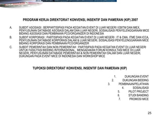 25
PROGRAM KERJA DIREKTORAT KONVENSI, INSENTIF DAN PAMERAN (KIP) 2007
A. SUBDIT ASOSIASI : BERPARTISIPASI PADA KEGIATAN EVENT DI LUAR NEGERI l EBITM DAN IMEX,
PENYUSUNAN DATABASE ASOSIASI DALAM DAN LUAR NEGERI, SOSIALISASI PENYELENGGARAAN MICE
BIDANG ASOSIASI DAN PEMBINAAN PCO/ORGANIZER DI INDONESIA
B. SUBDIT KORPORASI : PARTISIPASI PADA KEGIATAN EVENT DI LUAR NEGERI : IT & CMA, ITME DAN ICCA,
PENYUSUNAN DATABASE KORPORASI DALAM & LUAR NEGERI, SOSIALISASI PENYELENGGARAAN MICE
BIDANG KORPORASI DAN PEMBINAAN PCO/ORGANIZER
C. SUBDIT PEMERINTAH DAN NON PEMERINTAH : PARTISIPASI PADA KEGIATAN EVENT DI LUAR NEGERI
UNTUK FASILITASI BIDDING INTERNASIONAL, MENGADAKAN FORUM KONSULTASI MICE DI LUAR
NEGERI, PENYUSUNAN DATABASE PEMERINTAH & NON PEMERINTAH DALAM DAN LUAR NEGERI,
DUKUNGAN PADA EVENT MICE DI INDONESIA DAN WORKSHOP MICE
TUPOKSI DIREKTORAT KONVENSI, INSENTIF DAN PAMERAN (KIP)
1. DUKUNGAN EVENT
2. DUKUNGAN BIDDING
3. PEMBINAAN/PELATIHAN
4. SOSIALISASI
5. PILOT PROJECT
6. STUDI BANDING
7. PROMOSI MICE
 