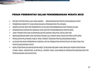 27
 REVIEW SISTEM REGULASI YANG MAMPU MENGGERAKKAN PENYELENGGARAAN EVENT;
 PEMBERIAN INSENTIF GUNA KEMUDAHAN & PENINGKATAN PELAYANAN;
 SINERGI ANTAR SEKTOR PEMERINTAH DI DALAM PENGEMBANGAN DAN PENGELOLAAN;
 PENINGKATAN KAPASITAS SEBAGAI KATALISATOR PENGEMBANGAN WISATA MICE;
 JOINT PROMOTION DAN KOOPERASI ANTAR DAERAH MAUPUN LINTAS SEKTOR;
 MENGGERAKKAN BIRO DAN ASOSIASI PENGELOLA WISATA MICE MAUPUN PARA SUPPLIERS;
 PENGUATAN PELAYANAN PUBLIK YANG TERKAIT DENGAN PENYELENGGARAAN MICE;
 ALOKASI PAD BAGI PEMERINTAH DAERAH UNTUK PEMBUATAN INFRASTRUKTUR DAN FASILITAS
PENYELENGGARAAN EVENT
 KEIKUTSERTAAN DALAM KEGIATAN MICE DI NEGARA NEGARA YANG MENJADI PASAR WISATAWAN
UTAMA, MISAL: SINGAPURA, AUSTRALIA, JEPANG YANG JUGA MEMILIKI KEDEKATAN DENGAN SEKTOR
PERDAGANGAN DAN INVESTASI.
PERAN PEMERINTAH DALAM PENGEMBANGAN WISATA MICE
 