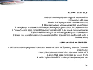 34
MANFAAT BISNIS MICE :
1. Rata-rata lama menginap lebih tinggi dari wisatawan biasa
2. Expenditure lebih besar
3. Peserta tidak terpengaruh oleh kondsi ekonomi dunia
4. Dibiayai perusahaan sehingga uang pribadi untuk shopping
5. Meningkatnya aktivitas ekonomi lain sepert : Perdagangan, perindustrian, ilmu pegetahuan dsb.
6. Pengaruh peserta dalam mengambil keputusan kurang lebih 30 % dari peserta membawa keluarga.
7. Kegiatan eksibition, sebagian besar diselenggarakan pada saat low season.
8. Negara yang secara berkala menyelenggarakan eksibition jangka panjang dapat menjadi centre of
business activity.
PERANAN BISNIS MICE DI HOTEL :
1. 40 % dari total jumlah penjualan di hotel adalah berasal dari bisnis MICE (Meeting, Incentive, Convention
and Exhibition)
2. Menciptakan kebutuhan fasilitas lain di hotel selain fasilitas MICE
3. Bisnis MICE dapat mengisi saat low season di hotel
4. Melalui kegiatan bisnis MICE Hotel dapat menciptakan pasar baru
 