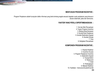 66
MENYUSUN PROGRAM INCENTIVE :
Program Perjalanan adalah kumpulan daftar informasi yang berisi tentang segala sesuatu kegiatan suatu perjalanan yang tersusun
secara sistematis, jelas dan terencana.
FAKTOR YANG PERLU DIPERTIMBANGKAN :
1. Visi dan Misi Perusahaan
2. Tujuan Program Incentive
3. Bidang Kerja Karyawan
4. Kondisi Rute Perjalanan
5. Kondisi Destination Appeal
6. Kondisi Climate
7. Time
8. Kebijakan Perusahaan
KOMPONEN PROGRAM INCENTIVE :
1. Peserta Pelatihan
2. Incentive Houses
3. Program Perjalanan Incentive
4. Destination Appeal
5. Transportation
6. Restaurant
7. Hotel
8. Perlengkapan
9. Metode Pelatihan
10. Fasilitator : Instructure/Guide/Driver/dll
 