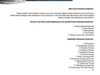 71
MENYUSUN PRORAM EXHIBITION :
Program adalah rencana kegiatan mengenai suatu bisnis yang akan dijalankan secara sistematis, jelas dan terencana.
Jadwal adalah pembagian waktu berdasarkan rencana pengaturan urutan kerja daftar atau tabel kegiatan atau rencana kegiatan
dengan pembagian waktu pelaksanaan yang terperinci.
FAKTOR YANG PERLU DIPERTIMBANGKAN DALAM MENYUSUN PROGRAM EXHIBITION :
1. Kondisi Ipoleksosbudhankam
2. Tujuan Pameran
3. Musim/Climate
4. Time Pameran
5. Peraturan nasional dan Internasional
KOMPONEN PROGRAM EXHIBITION :
1. Profil Pameran
2. Penyelenggara Pameran
3. Pelaksana Pameran
4. Pendukung Pameran
5. Pendaftaran Pameran
6. MC dan Pembicara
7. Produk Yang Dipamerkan
8. Peserta dan Pengunjung Pameran
9. Kegiatan Selama Pameran
10. Publikasi dan Promosi
11. Spesifikasi dan Harga Stan
12. Peraturan dan Tata Tertib Pameran
 