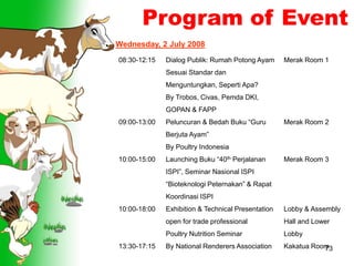 73
Program of Event
Wednesday, 2 July 2008
08:30-12:15
09:00-13:00
10:00-15:00
10:00-18:00
13:30-17:15
Dialog Publik: Rumah Potong Ayam
Sesuai Standar dan
Menguntungkan, Seperti Apa?
By Trobos, Civas, Pemda DKI,
GOPAN & FAPP
Peluncuran & Bedah Buku “Guru
Berjuta Ayam”
By Poultry Indonesia
Launching Buku “40th Perjalanan
ISPI”, Seminar Nasional ISPI
“Bioteknologi Peternakan” & Rapat
Koordinasi ISPI
Exhibition & Technical Presentation
open for trade professional
Poultry Nutrition Seminar
By National Renderers Association
Merak Room 1
Merak Room 2
Merak Room 3
Lobby & Assembly
Hall and Lower
Lobby
Kakatua Room
 