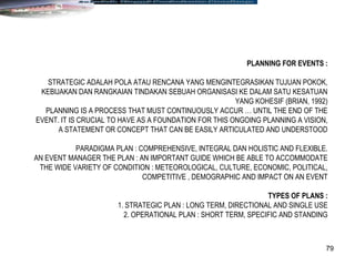 79
PLANNING FOR EVENTS :
STRATEGIC ADALAH POLA ATAU RENCANA YANG MENGINTEGRASIKAN TUJUAN POKOK,
KEBIJAKAN DAN RANGKAIAN TINDAKAN SEBUAH ORGANISASI KE DALAM SATU KESATUAN
YANG KOHESIF (BRIAN, 1992)
PLANNING IS A PROCESS THAT MUST CONTINUOUSLY ACCUR … UNTIL THE END OF THE
EVENT. IT IS CRUCIAL TO HAVE AS A FOUNDATION FOR THIS ONGOING PLANNING A VISION,
A STATEMENT OR CONCEPT THAT CAN BE EASILY ARTICULATED AND UNDERSTOOD
PARADIGMA PLAN : COMPREHENSIVE, INTEGRAL DAN HOLISTIC AND FLEXIBLE.
AN EVENT MANAGER THE PLAN : AN IMPORTANT GUIDE WHICH BE ABLE TO ACCOMMODATE
THE WIDE VARIETY OF CONDITION : METEOROLOGICAL, CULTURE, ECONOMIC, POLITICAL,
COMPETITIVE , DEMOGRAPHIC AND IMPACT ON AN EVENT
TYPES OF PLANS :
1. STRATEGIC PLAN : LONG TERM, DIRECTIONAL AND SINGLE USE
2. OPERATIONAL PLAN : SHORT TERM, SPECIFIC AND STANDING
 