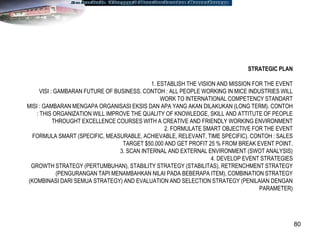 80
STRATEGIC PLAN
1. ESTABLISH THE VISION AND MISSION FOR THE EVENT
VISI : GAMBARAN FUTURE OF BUSINESS. CONTOH : ALL PEOPLE WORKING IN MICE INDUSTRIES WILL
WORK TO INTERNATIONAL COMPETENCY STANDART
MISI : GAMBARAN MENGAPA ORGANISASI EKSIS DAN APA YANG AKAN DILAKUKAN (LONG TERM). CONTOH
: THIS ORGANIZATION WILL IMPROVE THE QUALITY OF KNOWLEDGE, SKILL AND ATTITUTE OF PEOPLE
THROUGHT EXCELLENCE COURSES WITH A CREATIVE AND FRIENDLY WORKING ENVIRONMENT
2. FORMULATE SMART OBJECTIVE FOR THE EVENT
FORMULA SMART (SPECIFIC, MEASURABLE, ACHIEVABLE, RELEVANT, TIME SPECIFIC). CONTOH : SALES
TARGET $50.000 AND GET PROFIT 25 % FROM BREAK EVENT POINT.
3. SCAN INTERNAL AND EXTERNAL ENVIRONMENT (SWOT ANALYSIS)
4. DEVELOP EVENT STRATEGIES
GROWTH STRATEGY (PERTUMBUHAN), STABILITY STRATEGY (STABILITAS), RETRENCHMENT STRATEGY
(PENGURANGAN TAPI MENAMBAHKAN NILAI PADA BEBERAPA ITEM), COMBINATION STRATEGY
(KOMBINASI DARI SEMUA STRATEGY) AND EVALUATION AND SELECTION STRATEGY (PENILAIAN DENGAN
PARAMETER)
 