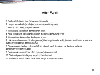 88
1. Evaluasi tertulis dan lisan dari peserta dan panitia.
2. Ucapan terima kasih (tertulis) kepada semua pendukung event
3. Memberi laporan kepada para sponsor
4. Menganalisa kekurangan dan kelebihan event
5. Keep contact with para sponsor, suplier, dan semua pendukung event
6. Mengarsipkan dokumentasi dan laporan event.
7. Lakukan evaluasi dan audit selengkapnya (tidak hanya financial audit), termasuk audit kelancaran acara,
audit penyelenggaraan dan sebagainya.
8. Simak apa saja hasil yang diperoleh (financial profit, portfolio/references, database, network,
pengakuan/endorsement, dsb)
9. Rapikan dokumentasi (foto, video, dokumen) dengan cermat
10. Siapkan laporan tertulis yang terperinci dan sistematis
11. Manfaatkan semua berkas untuk event serupa di masa mendatang.
After Event
 