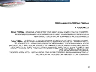 95
PERENCANAAN KEIKUTSERTAAN PAMERAN
A. PERENCANAAN
TAHAP PERTAMA : MENJAWAB APAKAH EVENT YANG DIIKUTI SESUAI DENGAN STRATEGI PEMASARAN,
MENGAPA PERUSAHAAN MELAKUKAN PAMERAN, APA YANG INGIN DIPAMERKAN, SIAPA SASARAN
PENGUNJUNG YANG DITUJU DAN BERAPA BESAR ANGGARAN PAMERAN
TAHAP KEDUA : MENENTUKAN LULUSAN BOOTH/STAN DAN MENENTUKAN LETAK POSISI BOOTH/STAN.
TIPS MEMLIH BOOTH : HINDARI LOKASI BERDEKATAN DENGAN WC, TEMPAT MAKAN MINUM, KOLOM
BANGUNAN LANGIT YANG RENDAH, WARUNG STAN MAKANAN, GANG/JALAN BUNTU, PINTU MASUK UNTUK
ANGKUTAN BARANG, RUANG YANG GELAP, PINTU KELUAR BELAKANG LOKASI, BOOTH PESAING, STAND
YANG MENJUAL PRODUK YANG BISING.
TERDAPAT 2 SISTEM BOOTH : SISTEM PORTABLE DAN SISTEM TERPASANG. PANDUAN MEMBUAT DISPLAY
: ANGGARAN, CITRA, FREKUENSI DAN FLEKSIBILITAS DAN SERBA GUNA
 