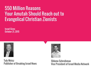 Five Hundred Million Reasons
550 Million Reasons
Your Amutah Should Reach out to
Evangelical Christian Zionists
Israel Gives
October 21, 2015
Shlomo Schreibman
Vice President of Israel Media Network
Tuly Weisz
Publisher of Breaking Israel News
 