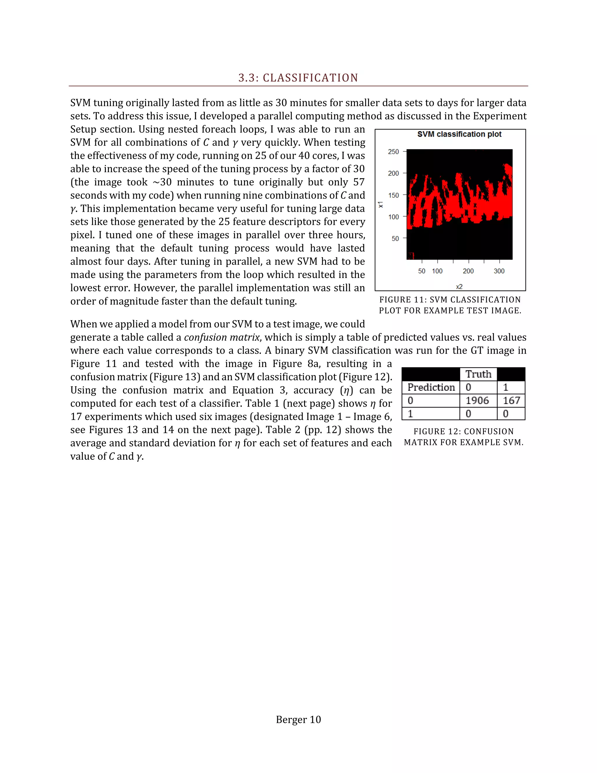 Berger 10
3.3: CLASSIFICATION
SVM tuning originally lasted from as little as 30 minutes for smaller data sets to days for larger data
sets. To address this issue, I developed a parallel computing method as discussed in the Experiment
Setup section. Using nested foreach loops, I was able to run an
SVM for all combinations of C and γ very quickly. When testing
the effectiveness of my code, running on 25 of our 40 cores, I was
able to increase the speed of the tuning process by a factor of 30
(the image took ~30 minutes to tune originally but only 57
seconds with my code) when running nine combinations of C and
γ. This implementation became very useful for tuning large data
sets like those generated by the 25 feature descriptors for every
pixel. I tuned one of these images in parallel over three hours,
meaning that the default tuning process would have lasted
almost four days. After tuning in parallel, a new SVM had to be
made using the parameters from the loop which resulted in the
lowest error. However, the parallel implementation was still an
order of magnitude faster than the default tuning.
When we applied a model from our SVM to a test image, we could
generate a table called a confusion matrix, which is simply a table of predicted values vs. real values
where each value corresponds to a class. A binary SVM classification was run for the GT image in
Figure 11 and tested with the image in Figure 8a, resulting in a
confusion matrix (Figure 13) and an SVM classification plot (Figure 12).
Using the confusion matrix and Equation 3, accuracy (η) can be
computed for each test of a classifier. Table 1 (next page) shows η for
17 experiments which used six images (designated Image 1 – Image 6,
see Figures 13 and 14 on the next page). Table 2 (pp. 12) shows the
average and standard deviation for η for each set of features and each
value of C and γ.
FIGURE 11: SVM CLASSIFICATION
PLOT FOR EXAMPLE TEST IMAGE.
FIGURE 12: CONFUSION
MATRIX FOR EXAMPLE SVM.
 