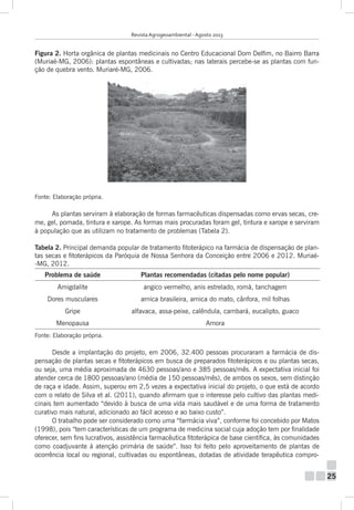 Revista Agrogeoambiental - Agosto 2013

Figura 2. Horta orgânica de plantas medicinais no Centro Educacional Dom Delfim, no Bairro Barra
(Muriaé-MG, 2006): plantas espontâneas e cultivadas; nas laterais percebe-se as plantas com função de quebra vento. Muriaré-MG, 2006.

Fonte: Elaboração própria.

As plantas serviram à elaboração de formas farmacêuticas dispensadas como ervas secas, creme, gel, pomada, tintura e xarope. As formas mais procuradas foram gel, tintura e xarope e serviram
à população que as utilizam no tratamento de problemas (Tabela 2).
Tabela 2. Principal demanda popular de tratamento fitoterápico na farmácia de dispensação de plantas secas e fitoterápicos da Paróquia de Nossa Senhora da Conceição entre 2006 e 2012. Muriaé-MG, 2012.
Problema de saúde

Plantas recomendadas (citadas pelo nome popular)

Amigdalite

angico vermelho, anis estrelado, romã, tanchagem

Dores musculares

arnica brasileira, arnica do mato, cânfora, mil folhas

Gripe

alfavaca, assa-peixe, calêndula, cambará, eucalipto, guaco

Menopausa

Amora

Fonte: Elaboração própria.

Desde a implantação do projeto, em 2006, 32.400 pessoas procuraram a farmácia de dispensação de plantas secas e fitoterápicos em busca de preparados fitoterápicos e ou plantas secas,
ou seja, uma média aproximada de 4630 pessoas/ano e 385 pessoas/mês. A expectativa inicial foi
atender cerca de 1800 pessoas/ano (média de 150 pessoas/mês), de ambos os sexos, sem distinção
de raça e idade. Assim, superou em 2,5 vezes a expectativa inicial do projeto, o que está de acordo
com o relato de Silva et al. (2011), quando afirmam que o interesse pelo cultivo das plantas medicinais tem aumentado “devido à busca de uma vida mais saudável e de uma forma de tratamento
curativo mais natural, adicionado ao fácil acesso e ao baixo custo”.
O trabalho pode ser considerado como uma “farmácia viva”, conforme foi concebido por Matos
(1998), pois “tem características de um programa de medicina social cuja adoção tem por finalidade
oferecer, sem fins lucrativos, assistência farmacêutica fitoterápica de base científica, às comunidades
como coadjuvante à atenção primária de saúde”. Isso foi feito pelo aproveitamento de plantas de
ocorrência local ou regional, cultivadas ou espontâneas, dotadas de atividade terapêutica compro-

25

 