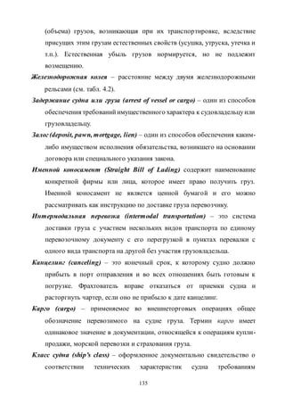 135
(объема) грузов, возникающая при их транспортировке, вследствие
присущих этим грузам естественных свойств (усушка, утруска, утечка и
т.п.). Естественная убыль грузов нормируется, но не подлежит
возмещению.
Железнодорожная колея – расстояние между двумя железнодорожными
рельсами (см. табл. 4.2).
Задержание судна или груза (arrest of vessel or cargo) – один из способов
обеспечения требованийимущественного характера к судовладельцуили
грузовладельцу.
Залог (deposit, pawn, mortgage, lien) – один из способов обеспечения каким-
либо имуществом исполнения обязательства, возникшего на основании
договора или специального указания закона.
Именной коносамент (Straight Bill of Lading) содержит наименование
конкретной фирмы или лица, которое имеет право получить груз.
Именной коносамент не является ценной бумагой и его можно
рассматривать как инструкцию по доставке груза перевозчику.
Интермодальная перевозка (intermodal transportation) – это система
доставки груза с участием нескольких видов транспорта по единому
перевозочному документу с его перегрузкой в пунктах перевалки с
одного вида транспорта на другой без участия грузовладельца.
Канцелинг (canceling) – это конечный срок, к которому судно должно
прибыть в порт отправления и во всех отношениях быть готовым к
погрузке. Фрахтователь вправе отказаться от приемки судна и
расторгнуть чартер, если оно не прибыло к дате канцелинг.
Карго (cargo) – применяемое во внешнеторговых операциях общее
обозначение перевозимого на судне груза. Термин карго имеет
одинаковое значение в документации, относящейся к операциям купли-
продажи, морской перевозки и страхования груза.
Класс судна (ship’s class) – оформленное документально свидетельство о
соответствии технических характеристик судна требованиям
Copyright ОАО «ЦКБ «БИБКОМ» & ООО «Aгентство Kнига-Cервис»
 