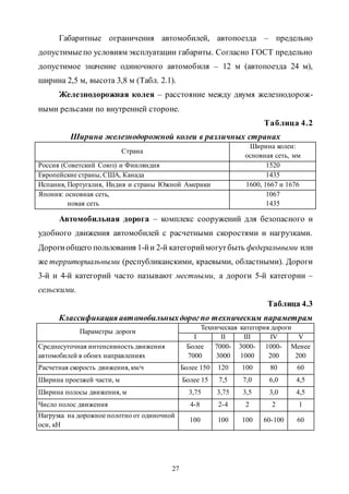27
Габаритные ограничения автомобилей, автопоезда – предельно
допустимыепо условиям эксплуатации габариты. Согласно ГОСТ предельно
допустимое значение одиночного автомобиля – 12 м (автопоезда 24 м),
ширина 2,5 м, высота 3,8 м (Табл. 2.1).
Железнодорожная колея – расстояние между двумя железнодорож-
ными рельсами по внутренней стороне.
Таблица 4.2
Ширина железнодорожной колеи в различных странах
Страна
Ширина колеи:
основная сеть, мм
Россия (Советский Союз) и Финляндия 1520
Европейские страны, США, Канада 1435
Испания, Португалия, Индия и страны Южной Америки 1600, 1667 и 1676
Япония: основная сеть,
новая сеть
1067
1435
Автомобильная дорога – комплекс сооружений для безопасного и
удобного движения автомобилей с расчетными скоростями и нагрузками.
Дорогиобщего пользования 1-йи 2-й категориймогутбыть федеральными или
же территориальными (республиканскими, краевыми, областными). Дороги
3-й и 4-й категорий часто называют местными, а дороги 5-й категории –
сельскими.
Таблица 4.3
Классификация автомобильныхдорог по техническим параметрам
Параметры дороги
Техническая категория дороги
I II III IV V
Среднесуточная интенсивность движения
автомобилей в обоих направлениях
Более
7000
7000-
3000
3000-
1000
1000-
200
Менее
200
Расчетная скорость движения, км/ч Более 150 120 100 80 60
Ширина проезжей части, м Более 15 7,5 7,0 6,0 4,5
Ширина полосы движения, м 3,75 3,75 3,5 3,0 4,5
Число полос движения 4-8 2-4 2 2 1
Нагрузка на дорожное полотно от одиночной
оси, кН
100 100 100 60-100 60
Copyright ОАО «ЦКБ «БИБКОМ» & ООО «Aгентство Kнига-Cервис»
 