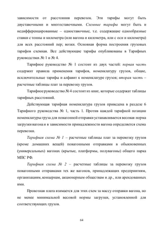 64
зависимости от расстояния перевозок. Эти тарифы могут быть
двуставочными и многоставочными. Схемные тарифы могут быть и
недифференцированные – одноставочные, т.е. содержащие однообразные
ставки с тонны и километра (или вагона и километра, или с оси и километра)
для всех расстояний пер; возки. Основная форма построения грузовых
тарифов схемная. Все действующие тарифы опубликованы в Тарифных
руководствах № 1 и № 4.
Тарифное руководство № 1 состоит из двух частей: первая часть
содержит правила применения тарифов, номенклатуру грузов, общие,
исключительные тарифы и алфавит к номенклатуре грузов; вторая часть –
расчетные таблицы плат за перевозку грузов.
Тарифноеруководство № 4 состоитиз книг, которые содержат таблицы
тарифных расстояний.
Действующая тарифная номенклатура грузов приведена в разделе 6
Тарифного руководства № 1, часть 1. Против каждой тарифной позиции
номенклатуры груза для повагоннойотправкиустанавливается весовая норма
загрузкивагонаи в зависимости принадлежности вагона определяется схема
перевозки.
Тарифная схема № 1 – расчетные таблицы плат за перевозку грузов
(кроме домашних вещей) повагонными отправками в обыкновенных
(универсальных) вагонах (крытые, платформы, полувагоны) общего парка
МПС РФ.
Тарифная схема № 2 – расчетные таблицы за перевозку грузов
повагонными отправками тех же вагонов, принадлежащих предприятиям,
организациям, концернам, акционерным обществам и др., или арендованных
ими.
Провозная плата взимается для этих схем за массу отправки вагона, но
не менее минимальной весовой нормы загрузки, установленной для
соответствующих грузов.
Copyright ОАО «ЦКБ «БИБКОМ» & ООО «Aгентство Kнига-Cервис»
 