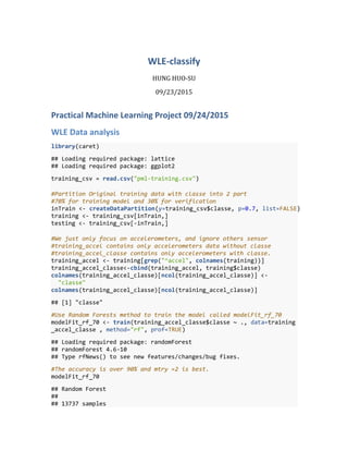 WLE-classify
HUNG HUO-SU
09/23/2015
Practical Machine Learning Project 09/24/2015
WLE Data analysis
library(caret)
## Loading required package: lattice
## Loading required package: ggplot2
training_csv = read.csv("pml-training.csv")
#Partition Original training data with classe into 2 part
#70% for training model and 30% for verification
inTrain <- createDataPartition(y=training_csv$classe, p=0.7, list=FALSE)
training <- training_csv[inTrain,]
testing <- training_csv[-inTrain,]
#We just only focus on accelerometers, and ignore others sensor
#training_accel contains only accelerometers data without classe
#training_accel_classe contains only accelerometers with classe.
training_accel <- training[grep("^accel", colnames(training))]
training_accel_classe<-cbind(training_accel, training$classe)
colnames(training_accel_classe)[ncol(training_accel_classe)] <-
"classe"
colnames(training_accel_classe)[ncol(training_accel_classe)]
## [1] "classe"
#Use Random Forests method to train the model called modelFit_rf_70
modelFit_rf_70 <- train(training_accel_classe$classe ~ ., data=training
_accel_classe , method="rf", prof=TRUE)
## Loading required package: randomForest
## randomForest 4.6-10
## Type rfNews() to see new features/changes/bug fixes.
#The accuracy is over 90% and mtry =2 is best.
modelFit_rf_70
## Random Forest
##
## 13737 samples
 