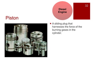 Piston
 A sliding plug that
harnesses the force of the
burning gases in the
cylinder.
32
Diesel
Engine
 