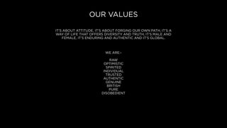 OUR VALUES
ITS ABOUT ATTITUDE, ITS ABOUT FORGING OUR OWN PATH, ITS A
WAY OF LIFE THAT OFFERS DIVERSITY AND TRUTH, ITS MALE AND
FEMALE, ITS ENDURING AND AUTHENTIC AND ITS GLOBAL.
WE ARE:-
RAW
OPTIMISTIC
SPIRITED
INDIVIDUAL
TRUSTED
AUTHENTIC
GENUINE
BRITISH
PURE
DISOBEDIENT
 