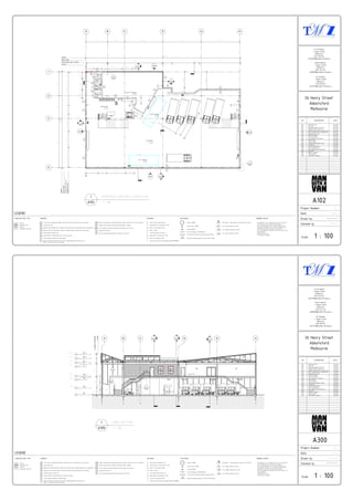 C
L
UP
2
3
3
D
3
A200
1
A2021
A202 2
A201
1
B D
1
3
2
A C G H
1
A301
38578
5338 4220 9500 9593 9600
1915 1920 5259 2435 800
24080
39541243
4326
7202
2400
2435
3020
1292
1494
1121
1
A300
1
A400
2
A400
2
A302
1
A302
5
1216656495951
D4
D3
D2
D1
D7
D8
D5
2032
5300
3049 2000 4761 2160
Driveway (02)
+0.00
Service Area (17)
+0.00
Loading Area (03)+0.00
System (18)+10.0
WC (16)
+10.0
Storage (15)+10.0
1
2
3
4
5
1
2
3
4
5
UP
Customer Storage (01)
+0.00
Reception (28)
+0.00
SETOUT
STRUCTURAL WALL SETOUT
GRID SETOUT
LENGTH
5040 299 13400 324 2184 5497 1342 10184
200184020025802001400
STRUCTURALWALL&
OPENINGSETOUT
GRIDSETOUT
LENGTH
48104000424521808205
LIFT
Fall
PC1
PC1
PC1
PC1
PC1
PC1
PC2
PC2
PC2
PC2
PC2
AX
BR
PC2
PC1
PC2
PC1
AX
AX
PC3
CT
PC3
PC3
PC3
PC3
PC3
Yellow painted border
Yellow painted border
PC3
TL
VN
DS
SOSO
SO
Brick 110
Double Brick 270
Concrete
Lightweight Structures
Ultralux N29688
Ultralux petite N29687
Luxspace BB5480
Deco LED Emergency DECOLEDMS-BK
Lux Aib 218 LED 2x18W Led Industrial Batten Evolution
50 mm Asterix Cladding Panels (900 x 2100 mm) with fire rated Sicaflex caulk at all joints.AX
BR
DA
MA
PC
CA
LI
CT
FPB
PB
WPB
VA
AS
Danpalon DP30 Honeycomb (900 x 1800 mm) with specific joins following manufacturer's specification.
Megaclad steel roof sheets (800 x 1200 mm) installed following manufacturer's specification.
Polished poured concrete slab
Studio selections satalite dyed nylon cut plush pile carpet
Existing Brick wall
Classic Mystique PUR Nocturne 1380 Linoleum
Wickes White Gloss Cermaic Floor Tiles (150 x 150mm) applied with black grout and
sealant - Sellys Wet Area Silicone (black)
Painted 16mm Gyprock Standard Plasterboard (1200 x 2400 mm) for all fire-rated wall
Painted 10 mm Gyprock Standard Plasterboard (1200 x 2400mm)
10 mm mpoisture resistant plasterboard substratefor all wet areas
Polished Victorian Ash
Anti-slip Carborundum Hazard #60 over edge of stair tread
Reve wall-mount bathroom sinkVN
DS
BN
CB
SK
DS1
S0
TL
Bench to be specified by MVB
Kitchen cabinet
Vault under mount kitchen sink
Dining table to be specified by MVB
Working desk to be specified by MVB
Sofa to be specified by MVB
Caravell Smart one piece easy height elongated #9899000
- All dimension s to be verified on site prior to construction
and discrepencies to be clarified with architect.
- Do not scale drawings. refer to figured dimensions only.
- Architectural drawings are to be read in conjunction with
specification and other consultants documentation.
- GF is the benchmark level taken from the floor level of the
existing building.
- Dimensions are in mm.
- This drawing is copyright.
CONSTRUCTION TYPE FINISHES FIXTURES ELECTRICAL GENERAL NOTES
10 A 1 gang standard size switch
10 A 3 Gang standard size switch
10 A 1 dimable standard size switch
Electresafe triple powerpoint with 10A and 15A outlets
Electresafe double powerpoint with 10A and 15A outlets
26 Henry Street
Abbotsford
Melbourne
Scale
Checked by
Drawn by
Date
Project Number
DESCRIPTIONNO DATE
Zul Rahaman
1, Queen Street
Melbourne
0430 020 811
s3477157@student.rmit.edu.au
Marnie Newton
1, Queen Street
Melbourne
0401 422 376
s3285859@student.rmit.edu.au
Tul Srisompun
1, Queen Street
Melbourne
0413 730 932
s3463533@student.rmit.edu.au
MV01
Tul Srisompun
Zul Rahaman
A100
A101
A102
A103
A104
A105
A106
A200
A201
A202
A300
A301
A302
A400
A500
A501
A502
A600
A700
A701
A702
DEMOLITION PLAN
SITE PLAN
PROPOSED GROUND FLOOR PLAN
PROPOSED FIRST FLOOR PLAN
GROUND FLOOR REFECTIVE CEILING PLAN
FIRST FLOOR REFLECTIVE CEILING PLAN
PROPOSED ROOF PLAN
NORTH ELEVATION
SOUTH ELEVATION
EAST AND WEST ELEVATION
LONG SECTION
SHORT SECTION
STORAGE AND DRIVEWAY AREA
PLAN DETAIL
STAIRS SECTION DETAIL
ROOF SECTION DETAIL
ROOF CONNECTION SECTION DETAIL
WET AREA
WINDOW SCHEDULE
DOOR SCHEDULE
STRUCTURAL SCHEDULE
13/10/2015
13/10/2015
13/10/2015
13/10/2015
13/10/2015
13/10/2015
13/10/2015
13/10/2015
13/10/2015
13/10/2015
13/10/2015
13/10/2015
13/10/2015
13/10/2015
13/10/2015
13/10/2015
13/10/2015
13/10/2015
13/10/2015
13/10/2015
13/10/2015
1 : 100
A102
10/06/15
A102 1 : 100
1 PROPOSED GROUND FLOOR PLAN
LEGEND
D
3
GF+0
FCL 1+4360
CL 1+7600
BL 3+10000
B DA C G H
CW+1700
BL 1+7905
FFL 1+4600
1
A301
2
A301
1
A302
1
A500
W12
W6
W8
W2 W3
2
A500
3
A500
Balcony (22)
Linoleum
+ 4600
Driveway (02)Concrete flooring
+0.00
Loading Area (03)Concrete flooring with
yellow painted boundary
+0.00
Reception (28)Concrete flooring
+0.00
.
.
900
700
148118401238
BL 2+9017
LATERALSTRUCTURE
STAIRS
2069831112305300024026601700
300
Brick 110
Double Brick 270
Concrete
Lightweight Structures
Ultralux N29688
Ultralux petite N29687
Luxspace BB5480
Deco LED Emergency DECOLEDMS-BK
Lux Aib 218 LED 2x18W Led Industrial Batten Evolution
50 mm Asterix Cladding Panels (900 x 2100 mm) with fire rated Sicaflex caulk at all joints.AX
BR
DA
MA
PC
CA
LI
CT
FPB
PB
WPB
VA
AS
Danpalon DP30 Honeycomb (900 x 1800 mm) with specific joins following manufacturer's specification.
Megaclad steel roof sheets (800 x 1200 mm) installed following manufacturer's specification.
Polished poured concrete slab
Studio selections satalite dyed nylon cut plush pile carpet
Existing Brick wall
Classic Mystique PUR Nocturne 1380 Linoleum
Wickes White Gloss Cermaic Floor Tiles (150 x 150mm) applied with black grout and
sealant - Sellys Wet Area Silicone (black)
Painted 16mm Gyprock Standard Plasterboard (1200 x 2400 mm) for all fire-rated wall
Painted 10 mm Gyprock Standard Plasterboard (1200 x 2400mm)
10 mm mpoisture resistant plasterboard substratefor all wet areas
Polished Victorian Ash
Anti-slip Carborundum Hazard #60 over edge of stair tread
Reve wall-mount bathroom sinkVN
DS
BN
CB
SK
DS1
S0
TL
Bench to be specified by MVB
Kitchen cabinet
Vault under mount kitchen sink
Dining table to be specified by MVB
Working desk to be specified by MVB
Sofa to be specified by MVB
Caravell Smart one piece easy height elongated #9899000
- All dimension s to be verified on site prior to construction
and discrepencies to be clarified with architect.
- Do not scale drawings. refer to figured dimensions only.
- Architectural drawings are to be read in conjunction with
specification and other consultants documentation.
- GF is the benchmark level taken from the floor level of the
existing building.
- Dimensions are in mm.
- This drawing is copyright.
CONSTRUCTION TYPE FINISHES FIXTURES ELECTRICAL GENERAL NOTES
10 A 1 gang standard size switch
10 A 3 Gang standard size switch
10 A 1 dimable standard size switch
Electresafe triple powerpoint with 10A and 15A outlets
Electresafe double powerpoint with 10A and 15A outlets
26 Henry Street
Abbotsford
Melbourne
Scale
Checked by
Drawn by
Date
Project Number
DESCRIPTIONNO DATE
Zul Rahaman
1, Queen Street
Melbourne
0430 020 811
s3477157@student.rmit.edu.au
Marnie Newton
1, Queen Street
Melbourne
0401 422 376
s3285859@student.rmit.edu.au
Tul Srisompun
1, Queen Street
Melbourne
0413 730 932
s3463533@student.rmit.edu.au
MV01
Tul Srisompun
Zul Rahaman
A100
A101
A102
A103
A104
A105
A106
A200
A201
A202
A300
A301
A302
A400
A500
A501
A502
A600
A700
A701
A702
DEMOLITION PLAN
SITE PLAN
PROPOSED GROUND FLOOR PLAN
PROPOSED FIRST FLOOR PLAN
GROUND FLOOR REFECTIVE CEILING PLAN
FIRST FLOOR REFLECTIVE CEILING PLAN
PROPOSED ROOF PLAN
NORTH ELEVATION
SOUTH ELEVATION
EAST AND WEST ELEVATION
LONG SECTION
SHORT SECTION
STORAGE AND DRIVEWAY AREA
PLAN DETAIL
STAIRS SECTION DETAIL
ROOF SECTION DETAIL
ROOF CONNECTION SECTION DETAIL
WET AREA
WINDOW SCHEDULE
DOOR SCHEDULE
STRUCTURAL SCHEDULE
13/10/2015
13/10/2015
13/10/2015
13/10/2015
13/10/2015
13/10/2015
13/10/2015
13/10/2015
13/10/2015
13/10/2015
13/10/2015
13/10/2015
13/10/2015
13/10/2015
13/10/2015
13/10/2015
13/10/2015
13/10/2015
13/10/2015
13/10/2015
13/10/2015
1 : 100
A300
10/06/15
A300 1 : 100
1 LONG SECTION
LEGEND
Marnie Newton
Marnie Newton
 