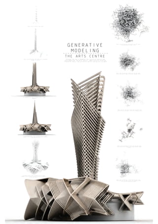 GENERATIVE
MODELING
Through the use of Anemone the recursive pattern was
overlayed over the Arts Centre, combining with previous
itteration tools like attractor points and points on mesh.
Basic use of points over mesh
Basic use of points over mesh with increased
number of points
Increased points and increted size of input
geometry
Increased points and increted size of input
geometry with use of attractor points placed at
the top of spire
Increased points and increted size of input
geometry with use of attractor points placed at
front of spire
Basic use of parallel plans with one 3D input
curve and one 2d imput curve
Basic use of parallel plans with one 3D input
curve and one 2d imput curve and changed scale
Basic use of parallel plans with one 3D input
curve and one 2d imput curve and changed factor
Basic use of parallel plans with one 3D input
curve and one 2d imput curve and changed repeat
factor
Basic use of parallel plans with one 3D input
curve and one 2d imput curve and changed points
on curve for parallel plans
THE ARTS CENTRE
 