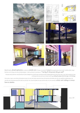 Section 1:200
Kitchen viewInternalVoid view from first level
EntryView InternalVoid view from entry
Myers House - Edmond & CorriganCasa Batllo - Antoni Gaudi
Behind the mask is a formal explorationfor a residence for an outsider actor. The project is derived from the “masking”and layering of the plans of Antonio Gaudi’s Casa Ballto and Peter Corrigan’s
Myer House as well as drawing on the nature of old Hollywood glamour – think Norma Desmond in Sunset Boulevard – “I am big.It’s the pictures that got small”
The narrative journey of the house is derived from the process of the un-masking for the actor from the stage to the bedroom.Entering in through the gap between the walls,the space opens to reveal a“stage”,naturally lit by an open
void showing the main entry up the staircase at the far end of the stage,making the progress from the stage to the backstage.
The void works as a means to centre the focus of the house from the outside to the inside,which is further expressed by the nature of the materiality and the thickness of the walls at they morph from an ephemeral quality in the
centre of the void,to the thick,multi-layered white washed exterior brick walls. This is a house that celebrates the eccentric but allows itself to exist in the conventional,an eclectic oasis working as a terrace
house in suburbia.
 