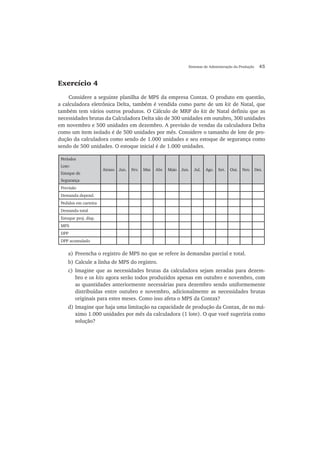 Sistemas de Administração da Produção 45
Exercício 4
Considere a seguinte planilha de MPS da empresa Contax. O produto em questão,
a calculadora eletrônica Delta, também é vendida como parte de um kit de Natal, que
também tem vários outros produtos. O Cálculo de MRP do kit de Natal definiu que as
necessidades brutas da Calculadora Delta são de 300 unidades em outubro, 300 unidades
em novembro e 500 unidades em dezembro. A previsão de vendas da calculadora Delta
como um item isolado é de 500 unidades por mês. Considere o tamanho de lote de pro-
dução da calculadora como sendo de 1.000 unidades e seu estoque de segurança como
sendo de 500 unidades. O estoque inicial é de 1.000 unidades.
Períodos
Lote:
Estoque de
Segurança
Atraso Jan. Fev. Mar. Abr. Maio Jun. Jul. Ago. Set. Out. Nov. Dez.
Previsão
Demanda depend.
Pedidos em carteira
Demanda total
Estoque proj. disp.
MPS
DPP
DPP acumulado
a) Preencha o registro de MPS no que se refere às demandas parcial e total.
b) Calcule a linha de MPS do registro.
c) Imagine que as necessidades brutas da calculadora sejam zeradas para dezem-
bro e os kits agora serão todos produzidos apenas em outubro e novembro, com
as quantidades anteriormente necessárias para dezembro sendo uniformemente
distribuídas entre outubro e novembro, adicionalmente as necessidades brutas
originais para estes meses. Como isso afeta o MPS da Contax?
d) Imagine que haja uma limitação na capacidade de produção da Contax, de no má-
ximo 1.000 unidades por mês da calculadora (1 lote). O que você sugeriria como
solução?
 