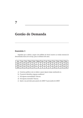 Gestão de Demanda
7
Exercício 1
Suponha que a tabela a seguir (em milhões de litros) mostre as vendas mensais de
determinada marca de cerveja, para os últimos três anos.
Ano Jan. Fev. Mar. Abr. Maio Jun. Jul. Ago. Set. Out. Nov. Dez.
2002 114 122 74 56 72 73 69 68 64 65 98 153
2003 152 170 94 122 78 80 81 83 69 91 140 177
2004 194 195 101 197 80 95 66 81 100 93 116 189
a) Construa gráficos com os dados e passe algum tempo analisando-os.
b) É possível identificar alguma tendência?
c) Há alguma sazonalidade? Discuta.
d) Há alguma anomalia? Discuta.
e) Qual a sua previsão para janeiro de 2005? E para junho de 2005?
 