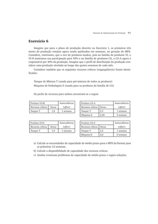 Sistemas de Administração da Produção 91
Exercício 6
Imagine que para o plano de produção descrito no Exercício 1, os primeiros três
meses de produção estejam agora sendo quebrados em semanas, na geração do MPS.
Considere, entretanto, que o mix de produtos mudou, pois na família de produtos VI, o
VI-H aumentou sua participação para 50% e na família de produtos CA, o CA-A agora é
responsável por 40% da produção. Imagine que o perfil de distribuição da produção con-
sidere uma produção nivelada ao longo das quatro semanas de cada mês.
Considere também que os seguintes recursos críticos (engargaláveis) foram identi-
ficados:
Tanque de Mistura T (usada para pré-mistura de todos os produtos)
Maquina de Embalagem E (usada para os produtos da família de CA)
Os perfis de recursos para ambos encontram-se a seguir.
Produto VI-M Antecedência
(offset)
Produto CA-A Antecedência
(offset)Recursos críticos Horas Recursos críticos Horas
Tanque T 1,8 1 semana Tanque T 2,3 1 semana
Máquina E 2,20 0 semana
Produto VI-H Antecedência
(offset)
Produto CA-C Antecedência
(offset)Recursos críticos Horas Recursos críticos Horas
Tanque T 1,9 1 semana Tanque T 3,2 1 semana
Máquina E 2,0 0 semana
a) Calcule as necessidades de capacidade de médio prazo para o MPS da Farmat para
as primeiras 12 semanas.
b) Calcule a disponibilidade de capacidade dos recursos críticos.
c) Analise eventuais problemas de capacidade de médio prazo e sugira soluções.
 