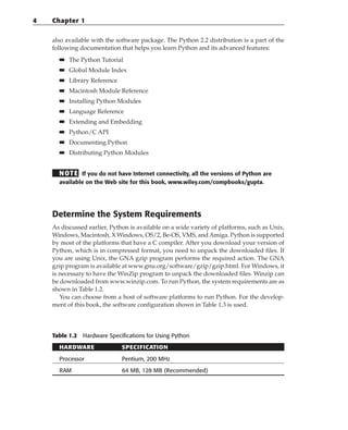also available with the software package. The Python 2.2 distribution is a part of the
following documentation that helps you learn Python and its advanced features:
■
■ The Python Tutorial
■
■ Global Module Index
■
■ Library Reference
■
■ Macintosh Module Reference
■
■ Installing Python Modules
■
■ Language Reference
■
■ Extending and Embedding
■
■ Python/C API
■
■ Documenting Python
■
■ Distributing Python Modules
NOTE If you do not have Internet connectivity, all the versions of Python are
available on the Web site for this book, www.wiley.com/compbooks/gupta.
Determine the System Requirements
As discussed earlier, Python is available on a wide variety of platforms, such as Unix,
Windows, Macintosh, X Windows, OS/2, Be-OS, VMS, and Amiga. Python is supported
by most of the platforms that have a C compiler. After you download your version of
Python, which is in compressed format, you need to unpack the downloaded files. If
you are using Unix, the GNA gzip program performs the required action. The GNA
gzip program is available at www.gnu.org/software/gzip/gzip.html. For Windows, it
is necessary to have the WinZip program to unpack the downloaded files. Winzip can
be downloaded from www.winzip.com. To run Python, the system requirements are as
shown in Table 1.2.
You can choose from a host of software platforms to run Python. For the develop-
ment of this book, the software configuration shown in Table 1.3 is used.
Table 1.2 Hardware Specifications for Using Python
HARDWARE SPECIFICATION
Processor Pentium, 200 MHz
RAM 64 MB, 128 MB (Recommended)
4 Chapter 1
 