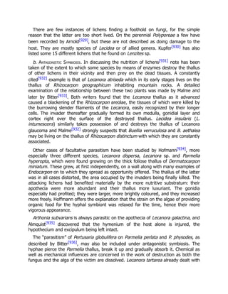 There are few instances of lichens finding a foothold on fungi, for the simple
reason that the latter are too short lived. On the perennial Polyporeae a few have
been recorded by Arnold[929], but these are not described as doing damage to the
host. They are mostly species of Lecidea or of allied genera. Kupfer[930] has also
listed some 15 different lichens that he found on Lenzites sp.
b. Antagonistic Symbiosis. In discussing the nutrition of lichens[931] note has been
taken of the extent to which some species by means of enzymes destroy the thallus
of other lichens in their vicinity and then prey on the dead tissues. A constantly
cited[932] example is that of Lecanora atriseda which in its early stages lives on the
thallus of Rhizocarpon geographicum inhabiting mountain rocks. A detailed
examination of the relationship between these two plants was made by Malme and
later by Bitter[933]. Both writers found that the Lecanora thallus as it advanced
caused a blackening of the Rhizocarpon areolae, the tissues of which were killed by
the burrowing slender filaments of the Lecanora, easily recognized by their longer
cells. The invader thereafter gradually formed its own medulla, gonidial layer and
cortex right over the surface of the destroyed thallus. Lecidea insularis (L.
intumescens) similarly takes possession of and destroys the thallus of Lecanora
glaucoma and Malme[932] strongly suspects that Buellia verruculosa and B. aethalea
may be living on the thallus of Rhizocarpon distinctum with which they are constantly
associated.
Other cases of facultative parasitism have been studied by Hofmann[934], more
especially three different species, Lecanora dispersa, Lecanora sp. and Parmelia
hyperopta, which were found growing on the thick foliose thallus of Dermatocarpon
miniatum. These grew, at first independently, on a wall along with many examples of
Endocarpon on to which they spread as opportunity offered. The thallus of the latter
was in all cases distorted, the area occupied by the invaders being finally killed. The
attacking lichens had benefited materially by the more nutritive substratum: their
apothecia were more abundant and their thallus more luxuriant. The gonidia
especially had profited; they were larger, more brightly coloured, and they increased
more freely. Hoffmann offers the explanation that the strain on the algae of providing
organic food for the hyphal symbiont was relaxed for the time, hence their more
vigorous appearance.
Arthonia subvarians is always parasitic on the apothecia of Lecanora galactina, and
Almquist[935] discovered that the hymenium of the host alone is injured, the
hypothecium and excipulum being left intact.
The “parasitism” of Pertusaria globulifera on Parmelia perlata and P. physodes, as
described by Bitter[936], may also be included under antagonistic symbiosis. The
hyphae pierce the Parmelia thallus, break it up and gradually absorb it. Chemical as
well as mechanical influences are concerned in the work of destruction as both the
fungus and the alga of the victim are dissolved. Lecanora tartarea already dealt with
 