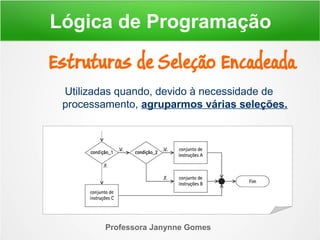 Utilizadas quando, devido à necessidade de
processamento, agruparmos várias seleções.
Professora Janynne Gomes
Estruturas de Seleção Encadeada
Lógica de Programação
 
