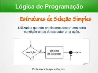 Utilizadas quando precisamos testar uma certa
condição antes de executar uma ação.
Professora Janynne Gomes
Estruturas de Seleção Simples
Lógica de Programação
 