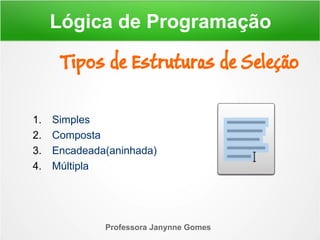 1. Simples
2. Composta
3. Encadeada(aninhada)
4. Múltipla
Professora Janynne Gomes
Tipos de Estruturas de Seleção
Lógica de Programação
 