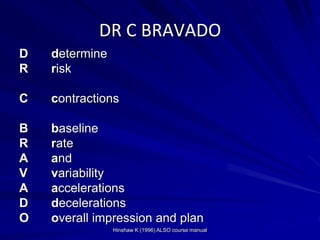 Hinshaw K (1996) ALSO course manual
DR C BRAVADO
D determine
R risk
C contractions
B baseline
R rate
A and
V variability
A accelerations
D decelerations
O overall impression and plan
 