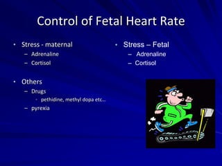 Control of Fetal Heart Rate
• Stress - maternal
– Adrenaline
– Cortisol
• Others
– Drugs
• pethidine, methyl dopa etc…
– pyrexia
• Stress – Fetal
– Adrenaline
– Cortisol
 