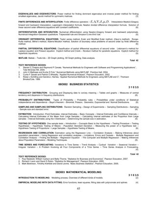 45
EIGENVALUES AND EIGENVECTORS: Power method for finding dominant eigenvalue and inverse power method for finding
smallest eigenvalue, Jacobi method for symmetric matrices. (3)
FINITE DIFFERENCES AND INTERPOLATION: Finite difference operators – DE ,,,,, . Interpolation-Newton-Gregory
forward and backward interpolation, Lagrange‟s interpolation formula, Newton divided difference interpolation formula. Solution of
linear second order difference equations with constant coefficients. (8)
DIFFERENTIATION AND INTEGRATION: Numerical differentiation using Newton-Gregory forward and backward polynomials.
Numerical Integration-Gaussian quadrature, Trapezoidal rule and Simpson‟s one third rule. (5)
ORDINARY DIFFERENTIAL EQUATIONS: Taylor series method, Euler and Modified Euler method, (Heun‟s method). Runge-
Kutta method, Milne‟s method, Adams-Moulton method, Solution of boundary value problems of second order by finite difference
method. (6)
PARTIAL DIFFERENTIAL EQUATIONS: Classification of partial differential equations of second order. Liebmann‟s method for
Laplace equation and Poisson equation, Explicit method and Crank – Nicolson method for parabolic equations. Explicit method for
hyperbolic equations. (5)
MATLAB: Matlab – Tools kits – 2D Graph plotting, 3D Graph plotting, Data analysis.
Total 42
TEXT/ REFERENCE BOOKS:
1. Steven C Chapra and Raymond P Canale, “Numerical Methods for Engineers with Software and Programming Applications”,
Tata McGraw Hill, 2004.
2. John H Mathews and Kurtis D Fink,” Numerical Methods using MATLAB”, Prentice Hall, 2004.
3. Curtis F Gerald and Patrick O Wheatly, “Applied Numerical Analysis”, Pearson Education, 2002.
4. Rober J Schilling and Sandra L Harries, “Applied Numerical Methods for Engineers using MATLAB and C”, Thomson
Brooks/Cole, 1999
08O002 BUSINESS STATISTICS
3 1 0 3.5
FREQUENCY DISTRIBUTION: Grouping and Displaying data to convey meaning – Tables and graphs – Measures of central
tendency and dispersion in frequency distributions. (6)
PROBABILITY DISTRIBUTIONS: Types of Probability – Probability rules – Probabilities under conditions of Statistical
independence and dependence – Baye‟s theorem – Binomial, Poisson, Geometric, Exponential and Normal Distributions. (8)
SAMPLING AND SAMPLING DISTRIBUTIONS: Random Sampling – Design of Experiments – Sampling Distributions – Sampling
- Sample size and standard error. (6)
ESTIMATION: Introduction -Point Estimates- interval Estimates – Basic Concepts – Interval Estimates and Confidence Intervals –
Calculating Interval Estimates of the Mean from Large Samples – Calculating Interval estimates of the Proportion from Large
samples – Interval Estimates using the t Distribution – Determining the sample size in estimation. (6)
TESTING OF HYPOTHESES: One sample tests – Introduction – Concepts Basic to the Hypothesis – Testing Procedure – Testing
Hypotheses – Hypothesis Testing of Means - Population Standard Deviation – Measuring the power of a Hypothesis test –
Hypothesis Testing of Proportions – Large Samples – Hypothesis Testing of Means. (6)
REGRESSION AND CORRELATION: Estimation using the Regression Line – Correlation Analysis – Making Inferences about
population parameters – Using Regression and correlation analyses – Limitations. Errors and Caveats - Multiple Regression and
Correlation Analysis – Finding the Multiple – Regression Equation - The Computer and Multiple Regression – Making Inferences
about Population Parameters – Modeling Techniques. (6)
TIME SERIES AND FORECASTING: Variations in Time Series – Trend Analysis – Cyclical Variation – Seasonal Variation –
Irregular Variation – A Problem Involving all Four Components of a Time Series – Time Series Analysis in Forecasting.
(4)
Total 42
TEXT/ REFERENCE BOOKS:
1. Paul Newbold, William Carlson and Betty Thorne, “Statistics for Business and Economics”, Pearson Education, 2007.
2. Richard I Levin and David S Rubin, “Statistics for Management”, Pearson Education, 2005.
3. Mark Berenson, Timothy Krehbiel and David Levine, “Basic Business Statistics”, Pearson Education, 2005.
08O003 MATHEMATICAL MODELING
3 1 0 3.5
INTRODUCTION TO MODELING: Modeling process, Overview of different kinds of models. (2)
EMPIRICAL MODELING WITH DATA FITTING: Error functions, least squares; fitting data with polynomials and splines. (4)
 