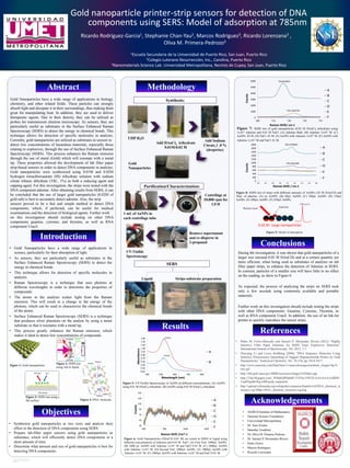 RESEARCH POSTER PRESENTATION DESIGN © 2012
www.PosterPresentation
s.com
During the investigation, it was shown that gold nanoparticles of a
larger size (around 0.02 M HAuCl4) and at a certain quantity are
more efficient, when being used as substrates of analytes on lab
filter paper strips, to enhance the detection of Adenine in SERS.
In contrast, particles of a smaller size will have little to no effect
on the reading, as show in Figure 6.
As expected, the process of analyzing the strips on SERS took
only a few seconds using commonly available and portable
materials.
Further work on this investigation should include testing the strips
with other DNA components: Guanine, Cytosine, Thymine, as
well as RNA component Uracil. In addition, the use of an Ink-Jet
printer to quickly reproduce the sensor strips.
• Pedro M. Fierro-Mercado and Samuel P. Hérnandez Rivera (2012) “Highly
Sensitive Filter Paper Substrate for SERS Trace Explosives Detection”
International Journal of Spectroscopy, Vol. 2012, 1-7.
• Huixiang Li and Lewis Rothberg (2004) “DNA Sequence Detection Using
Selective Fluorescence Quenching of Tagged Oligonucleotide Probes by Gold
Nanoparticles” Analytical Chemistry, Vol. 76 (18), pp. 5414-5417.
• http://www.semrock.com/Data/Sites/1/semrockimages/technote_images/fig-9-
sers.gif
• http://sbir.gsfc.nasa.gov/SBIR/successes/images/9-028pic.jpg
• http://2.bp.blogspot.com/_WMdGdPSdn0U/TVEhvTNFl2I/AAAAAAAABIM/
UujDNgsBxWg/s400/gold_noparticle
• http://upload.wikimedia.org/wikipedia/commons/thumb/e/e4/DNA_chemical_st
ructure.svg/300px-DNA_chemical_structure.svg.png
• AGMUS Institute of Mathematics
• National Science Foundation
• Universidad Metropolitana
• Dr. Juan Arratia
• Saturday Academy
• Dr. Oliva M. Primera-Pedrozo
• Dr. Samuel P. Hernandez-Rivera
• Pedro Fierro
• Marcos Rodríguez
• Ricardo Lorenzana
• Gold Nanoparticles have a wide range of applications in
science, particularly for their absorption of light.
• As sensors, they are particularly useful as substrates in the
Surface Enhanced Raman Spectroscopy (SERS) to detect the
energy in chemical bonds.
• This technique allows for detection of specific molecules in
analytes.
• Raman Spectroscopy is a technique that uses photons at
different wavelengths in order to determine the properties of
compounds.
• The atoms in the analytes scatter light from the Raman
emission. This will result in a change in the energy of the
photons, which can be used to characterize the chemical bonds
of the atoms.
• Surface Enhanced Raman Spectroscopy (SERS) is a technique
that produces silver plasmons on the analyte by using a metal
substrate so that it resonates with a metal tip.
• This process greatly enhances the Raman emission, which
makes it ideal to detect low concentrations of compounds.
1Escuela Secundaria de la Universidad de Puerto Rico, San Juan, Puerto Rico
2Colegio Luterano Resurrección, Inc., Carolina, Puerto Rico
3Nanomaterials Science Lab. Universidad Metropolitana, Recinto de Cupey, San Juan, Puerto Rico
Ricardo Rodriguez-Garcia1, Stephanie Chan-Yau2, Marcos Rodriguez3, Ricardo Lorenzana3 ,
Oliva M. Primera-Pedrozo3
Gold nanoparticle printer-strip sensors for detection of DNA
components using SERS: Model of adsorption at 785nm
• Synthesize gold nanoparticles at two sizes and analyze their
effect in the detection of DNA components using SERS.
• Prepare lab-filter paper sensors using gold nanoparticles as
substrates, which will efficiently detect DNA components in a
short amount of time.
• Determine what amount and size of gold nanoparticles is best for
detecting DNA components.
Figure 6: Gold Nanoparticles (HAuCl4 0.01 M) are tested in SERS in liquid using
different concentrations of Adenine and 0.01 M NaCl. (A) First Vial: 1000µL AuNPs.
(B) 1000 µL AuNPs with Adenine 1x10-2 M and NaCl 0.01 M. (C) 1000µL AuNPs
with Adenine 1x10-2 M. (D) Second Vial: 1000µL AuNPs. (E) 1000µL AuNPs with
Adenine 1x10-5 M. (F) 1000µL AuNPs with Adenine 1x10-5 M and NaCl 0.01 M.
Figure 8: SERS test of strips with different amounts of AuNPs (.02 M HAuCl4) and
50µL of adenine. (A) no AuNPs. (B) 50µL AuNPs. (C) 100µL AuNPs. (D) 150µL
AuNPs. (E) 200µL AuNPs. (F) 250µL AuNPs.
Results
Methodology
Acknowledgements
References
Conclusions
Objectives
Introduction
Abstract
Gold Nanoparticles have a wide range of applications in biology,
chemistry, and other related fields. These particles can strongly
absorb light and dissipate it in their surroundings, thus making them
great for manipulating heat. In addition, they are used to deliver
therapeutic agents. Due to their density, they can be utilized as
probes for transmission electron microscopy. As sensors, they are
particularly useful as substrates in the Surface Enhanced Raman
Spectroscopy (SERS) to detect the energy in chemical bonds. This
technique allows for detection of specific molecules in analytes.
Currently, gold nanoparticles are utilized as substrates in sensors to
detect low concentrations of hazardous materials, especially those
relating to explosives, through the use of Surface Enhanced Raman
Spectroscopy (SERS). This process enhances the Raman emission
through the use of metal (Gold) which will resonate with a metal
tip. These properties allowed the development of lab filter paper
strip-based sensors in order to detect DNA components in analytes.
Gold nanoparticles were synthesized using 0.01M and 0.02M
hydrogen tetrachloroaurate (III) trihydrate solution with sodium
citrate tribasic dihydrate (TSC, 1%) as both a reducing agent and
capping agent. For this investigation, the strips were tested with the
DNA component adenine. After obtaining results from SERS, it can
be concluded that the use of larger gold nanoparticles (0.02M of
gold salt) is best to accurately detect adenine. Also, the strip
sensors proved to be a fast and simple method to detect DNA
components, which, if perfected, can be useful for medical
examinations and the detection of biological agents. Further work
on this investigation should include testing on other DNA
components guanine, cytosine, and thymine, as well as RNA
component Uracil.
Figure 2: SERS test
using vial or liquid
Figure 3: SERS test using a
flat surface.
Synthesis:
UHP H2O
Add Sodium
Citrate 1 .0 %
(dropwise)
Purification/Characterization:
Add HAuCl4 trihydrate
0.01M/0.02 M
Gold
Nanoparticles
1 mL of AuNPs in
each centrifuge tube
Centrifuge at
10,000 rpm for
1.0 H
Remove supernatant
and re-disperse in
2-propanol
UV-Visible
Spectroscopy
SERS
Strips-substrate preparationLiquid
30
50
70
90
110
130
150
400 900 1400 1900
Counts
Raman Shift /cm^-1
A
B
C
D
E
F
I
519nm
I 523nm
-0.02
0.18
0.38
0.58
0.78
0.98
1.18
1.38
1.58
1.78
1.98
400 500 600 700 800
Absorbance
Wavelength (nm)
A
B
Figure 5: UV-Visible Spectroscopy of AuNPs at different concentrations. (A) AuNPs
using 0.01 M HAuCl4 trihydrate. (B) AuNPs using 0.02 M HAuCl4 trihydrate.
Figure 7: SERS test of gold nanoparticles (0.02 M HAuCl4 trihydrate) using
1x10-2 Adenine and 0.01 M NaCl. (A) Adenine Bulk. (B) Adenine 1x10-2 M. (C)
AuNPs .02 M. (D) NaCl .01 M. (E) AuNPs with Adenine 1x10-2 M. (F) AuNPs with
Adenine 1x10-2 M and NaCl .01 M.
Figure 1: Gold nanoparticles
Figure 4: DNA molecule
722.813874
735.1245725
0
1000
2000
3000
4000
5000
6000
690 710 730 750 770
Counts
Raman Shift/ cm-1
A
B
C
D
E
F
734.2452369
730.7278945
0
200
400
600
800
1000
1200
1400
1600
1800
2000
640 660 680 700 720 740 760 780 800
Counts
Raman Shift / cm-1
A
B
C
D
E
F
0.02 M- Large nanoparticles
735 cm-1
Figure 9: Model of adsorption
AdenineRaman laser
 
