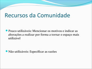 Recursos da Comunidade
Pouco utilizáveis: Mencionar os motivos e indicar as
alterações a realizar por forma a tornar o espaço mais
utilizável
Não utilizáveis: Especificar as razões
 